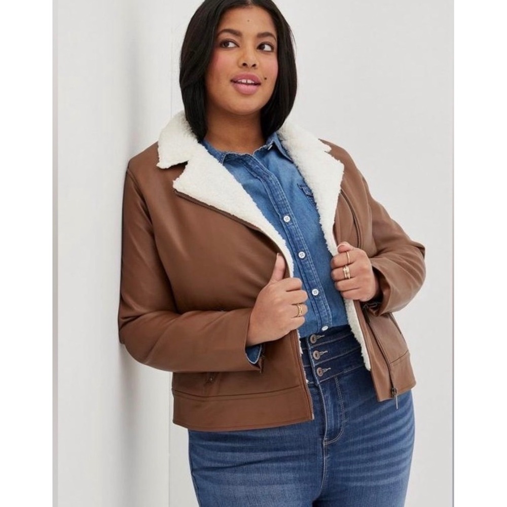 Torrid 2 Brown Faux Leather Sherpa Lined Moto Jacket Plus Size 2X 18 20 Cognac